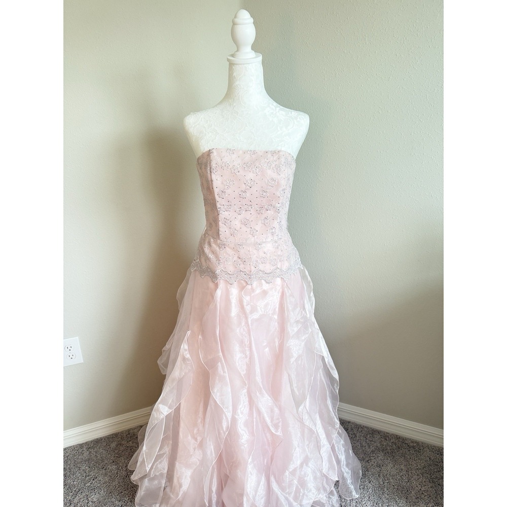 Vintage Jessica McClintock Gunne Sax 1990s Pink Beaded Strapless Ball Gown 5/6